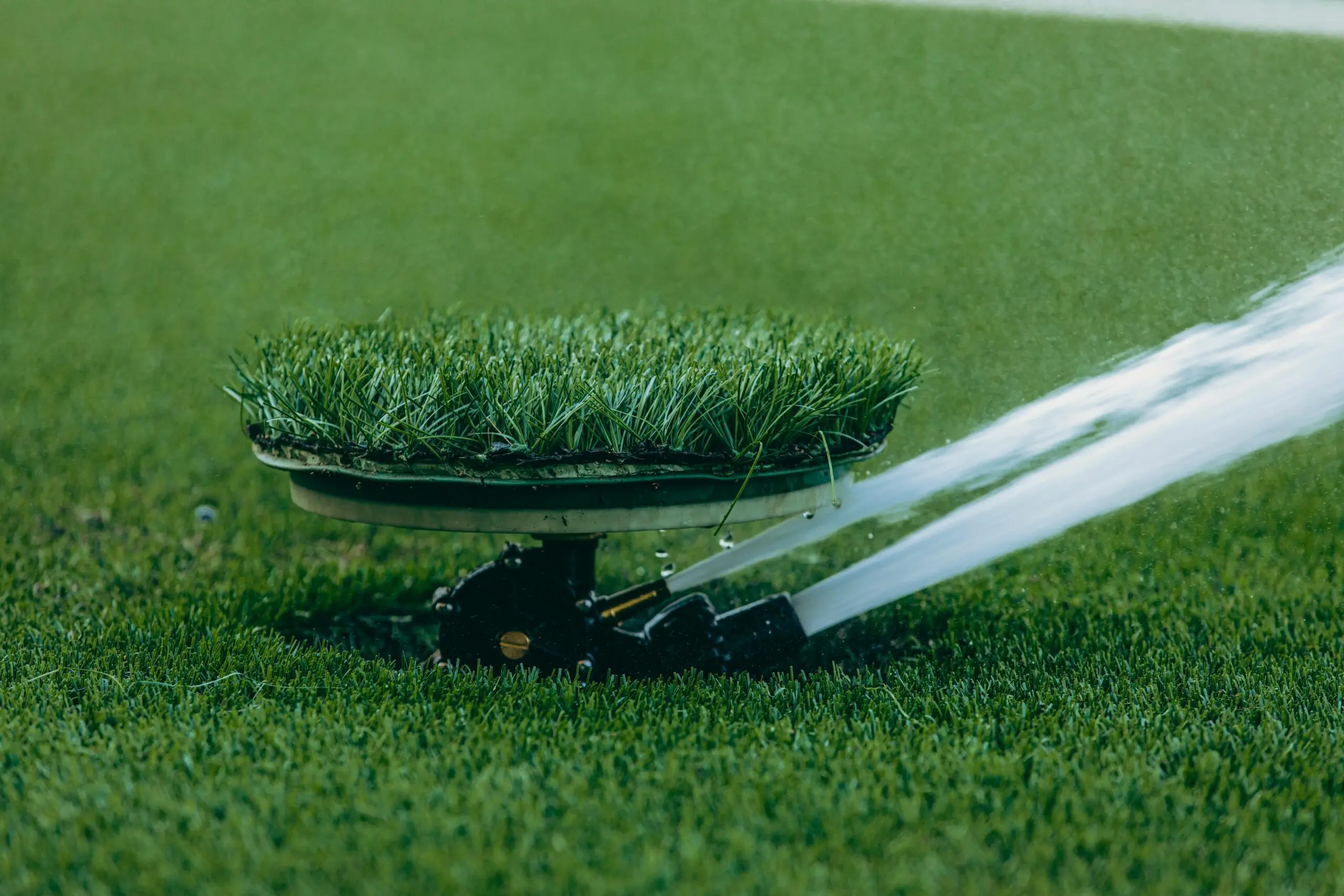 Impact sprinkler watering a green lawn as part of a garden irrigation system
